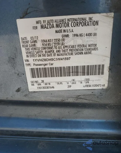 2012 Mazda 6 I z USA, uszkodzony, nr VIN 1YVHZ8DH5C5M41597